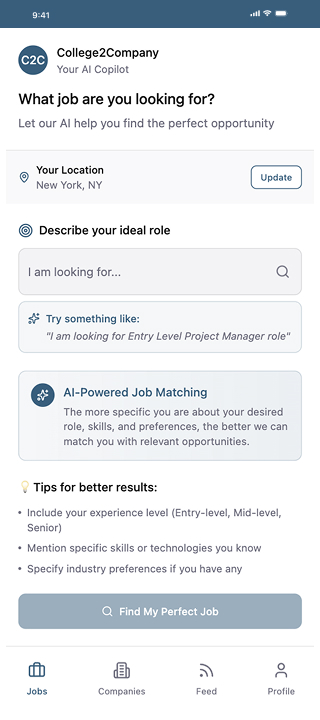 College2Company mobile app profile interface